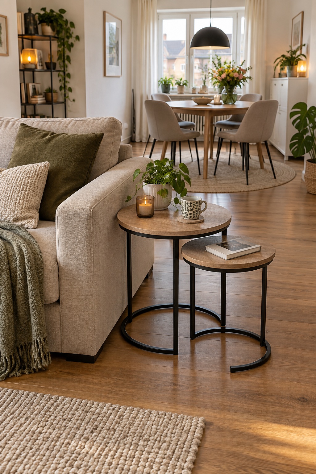 Zwei runde Beistelltische mit Holzoptik und schwarzem Gestell stehen seitlich am Sofa, der Weg zum Essplatz ist frei