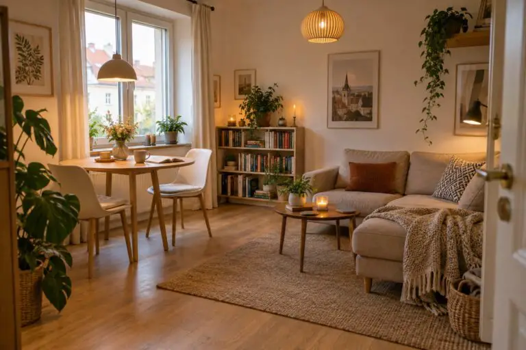Kleines warmes Wohnzimmer mit Sofa, Essplatz am Fenster und freien Laufwegen