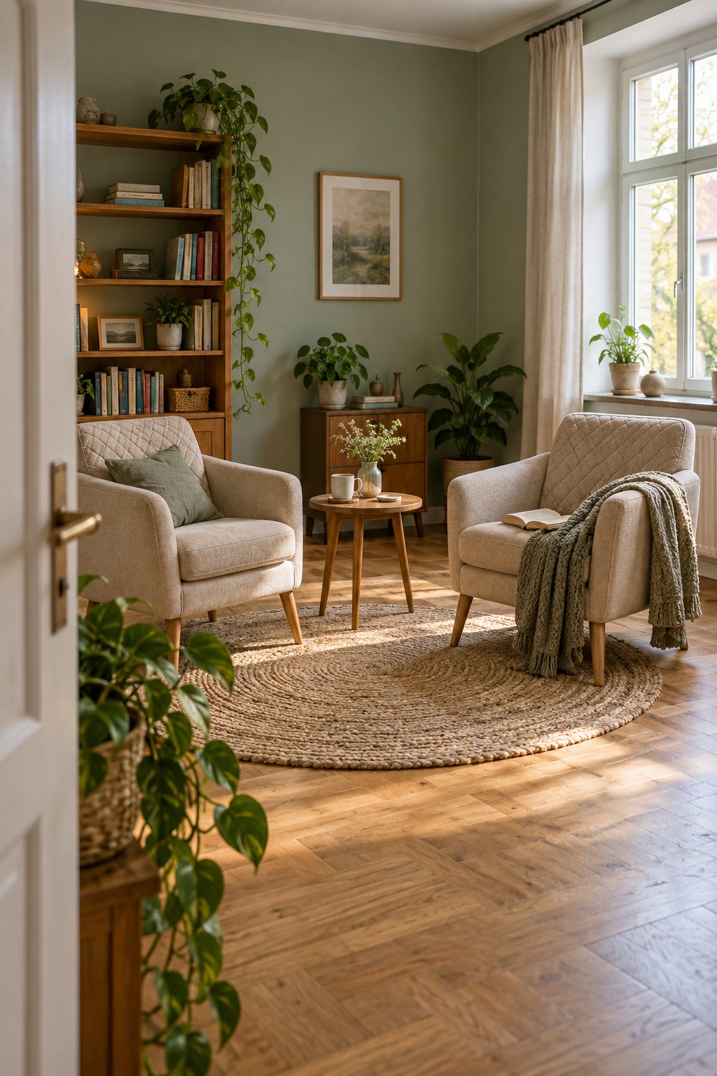 Zwei beige Polstersessel stehen sich im kleinen Wohnzimmer schräg gegenüber