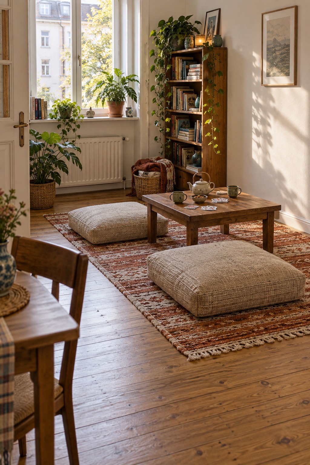 Zwei dicke beige Bodenkissen an einem niedrigen Tisch im sofa-freien Wohnzimmer