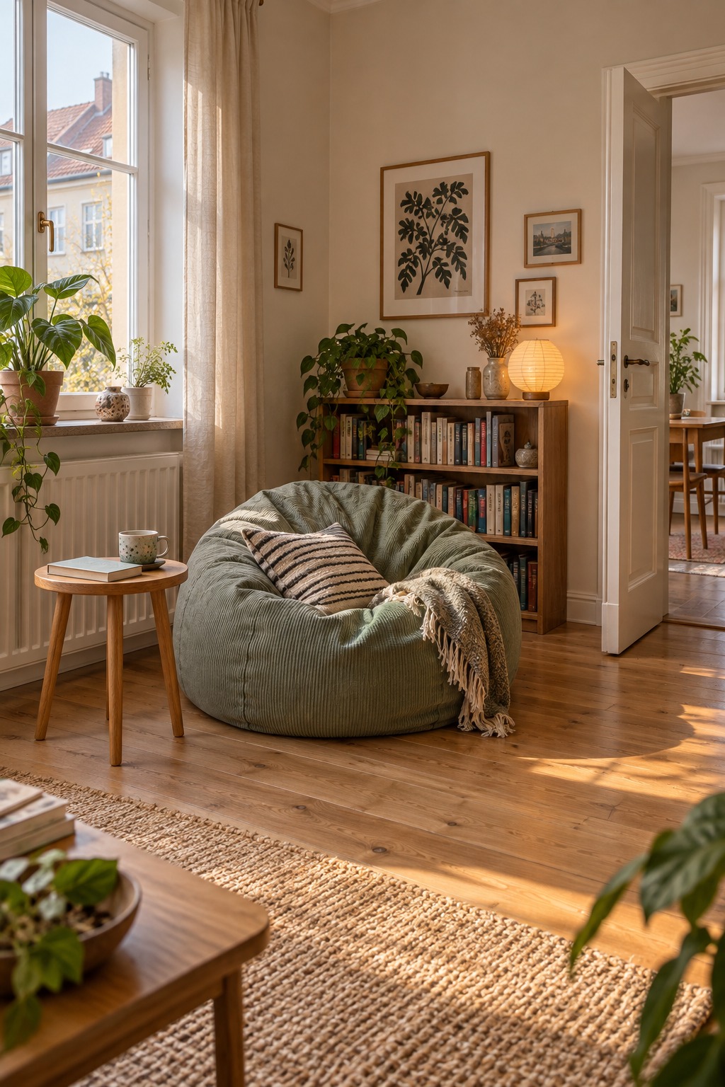 Salbeigrüner Cord-Sitzsack in einer kleinen wohnlichen Fensterecke ohne Sofa