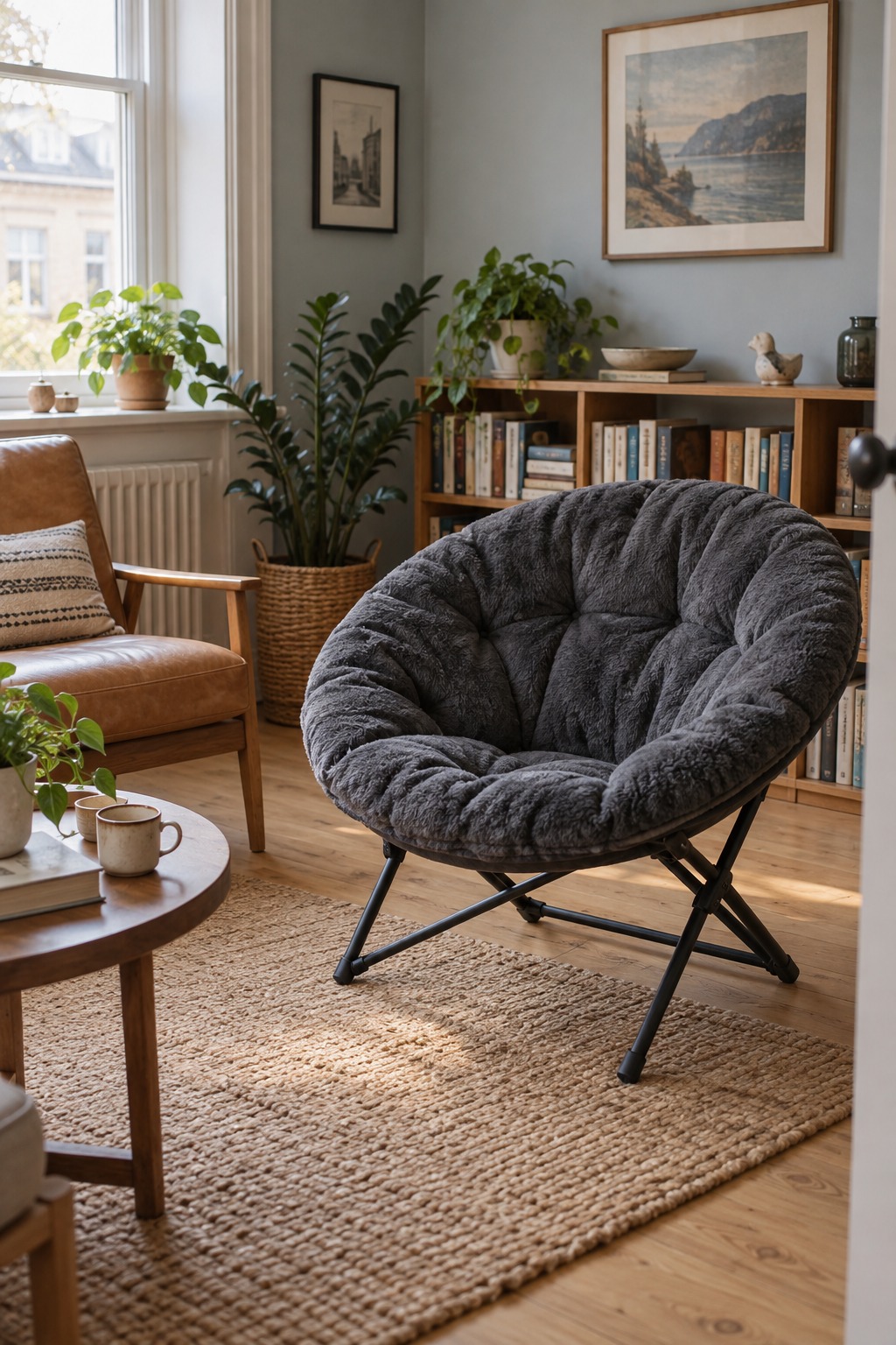 Dunkelgrauer runder Klappsessel mit Metallgestell in einem kleinen Wohnzimmer