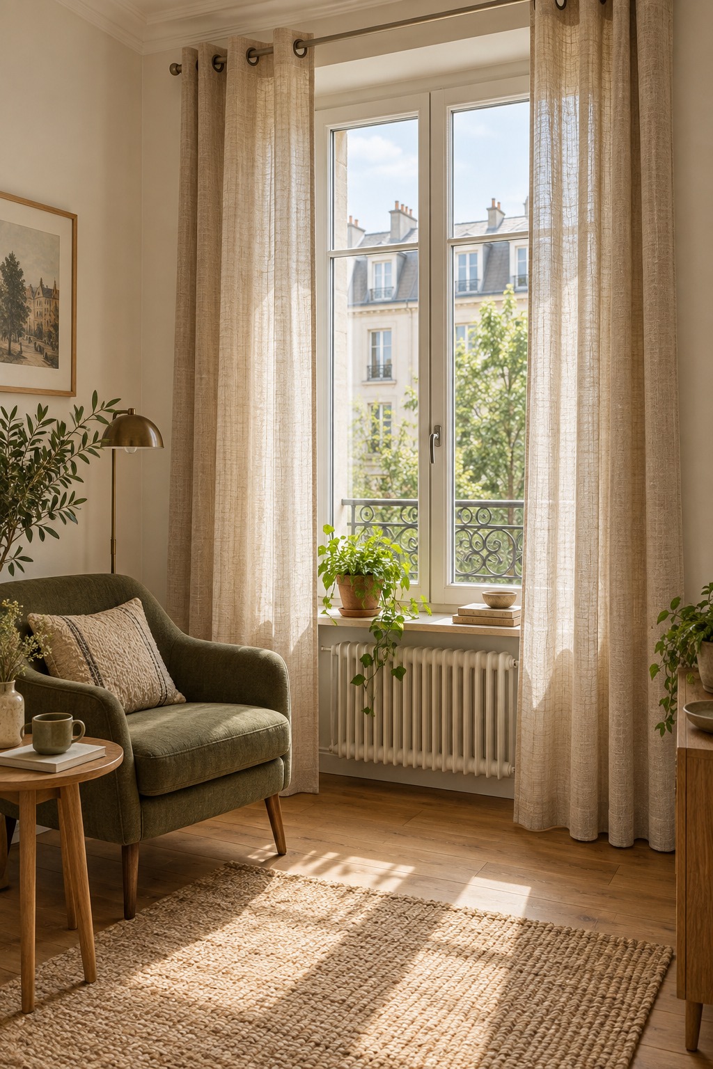 Naturbeige lichtdurchlässige Ösenvorhänge am Fenster neben einem einzelnen Lesesessel