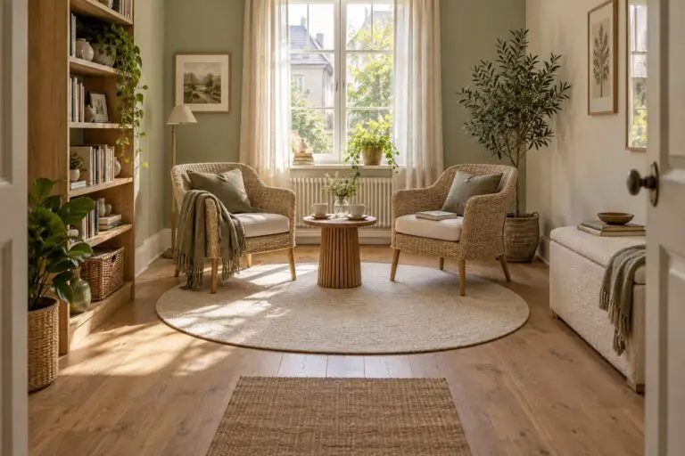 Kleines Wohnzimmer ohne Sofa mit zwei einzelnen Sesseln, ovalem Teppich und Sitztruhe