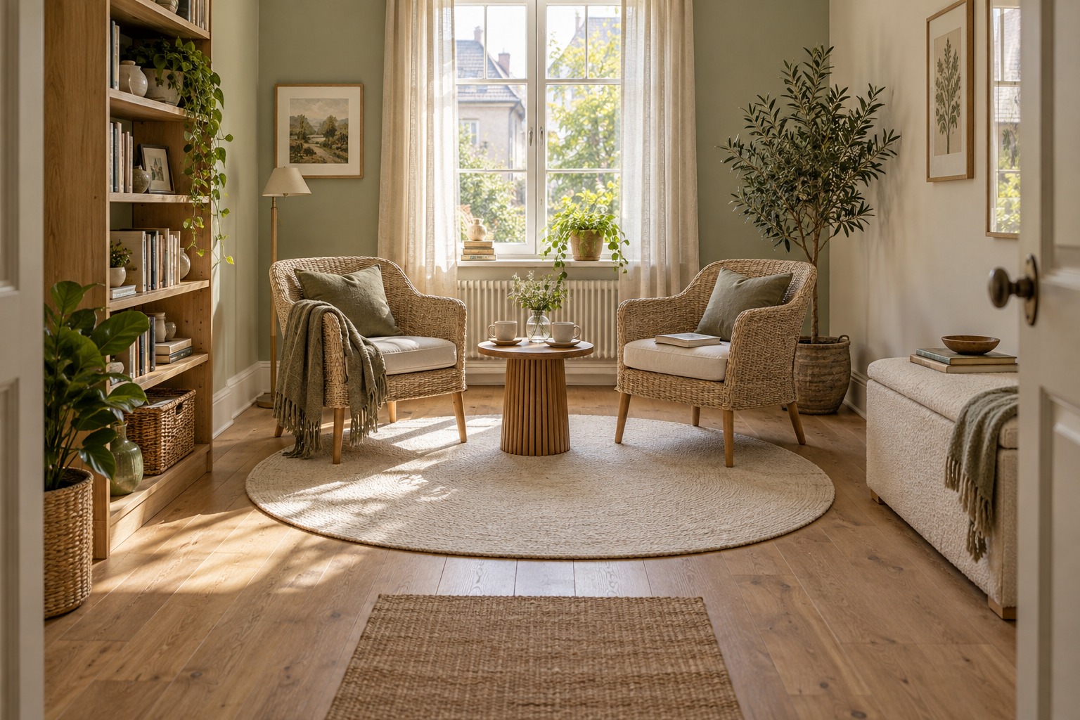 Kleines Wohnzimmer ohne Sofa mit zwei einzelnen Sesseln, ovalem Teppich und Sitztruhe