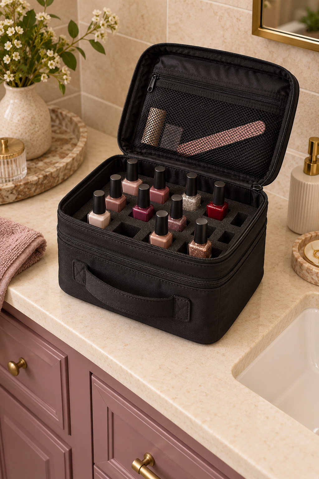 Geöffnete schwarze Nagellacktasche mit einzeln eingeordneten Fläschchen