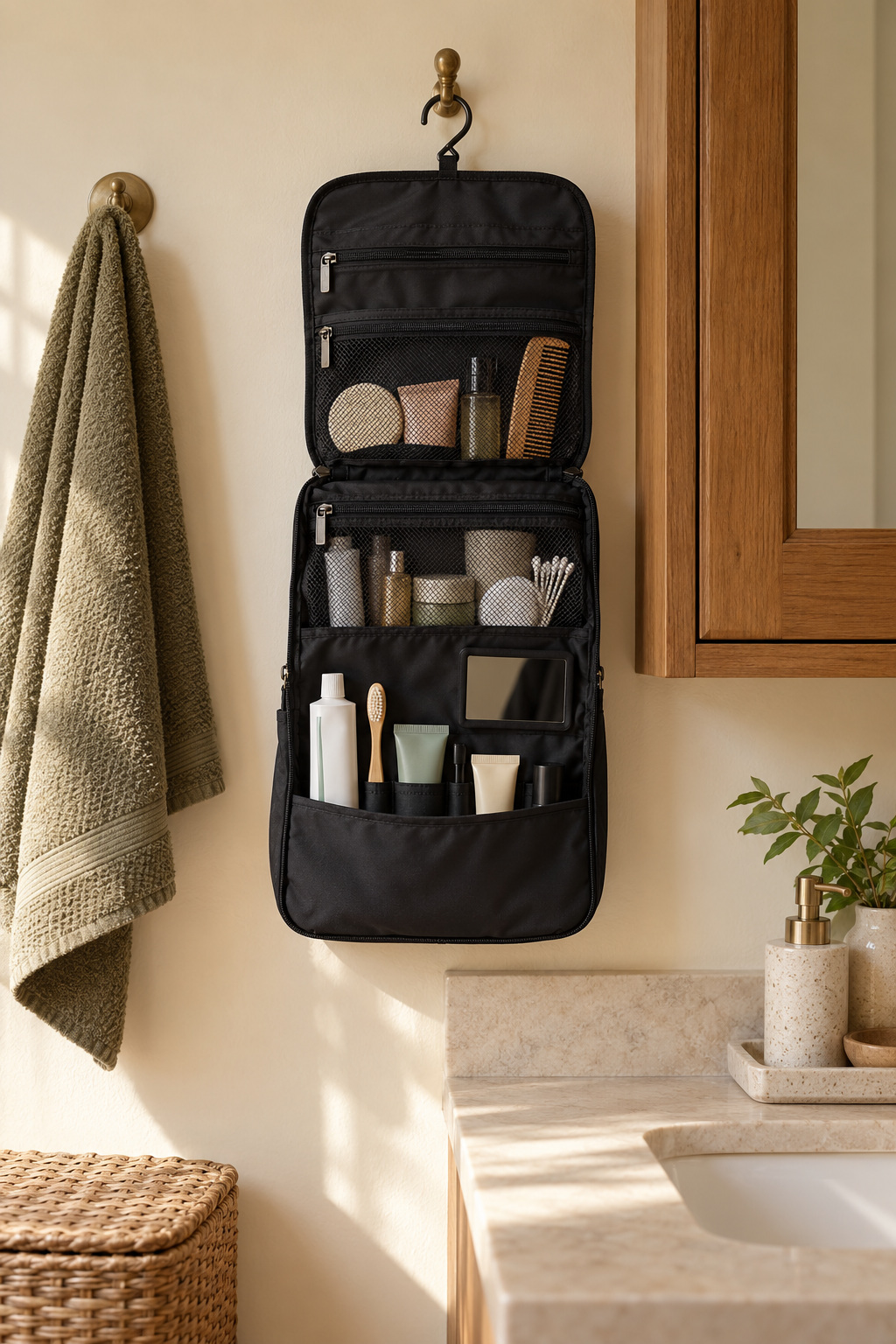 Schwarze Kulturtasche mit Pflegeprodukten an einem vorhandenen Haken