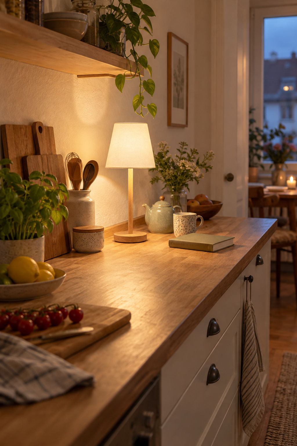 Kleine Akku-Tischlampe mit weißem Schirm am trockenen Ende einer Küchenarbeitsplatte