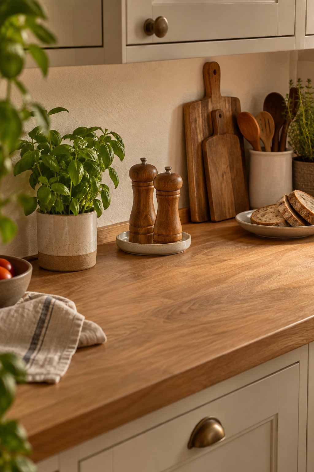 Zwei kleine braune Holzmühlen auf einer flachen Keramikunterlage