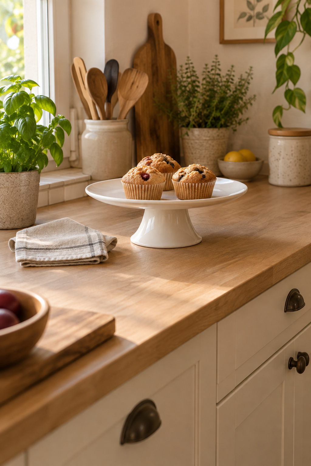 Weiße Tortenplatte mit Fuß und drei Muffins auf einer freien Küchenarbeitsplatte