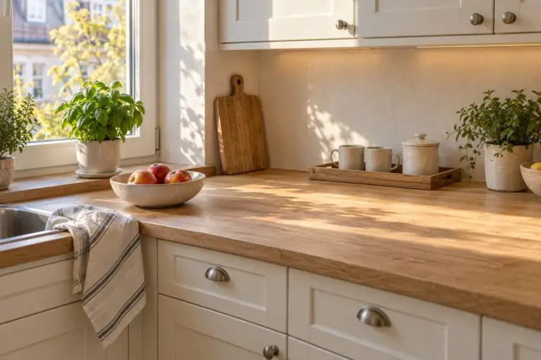 Gemütliche Küche mit Holz, Keramik und freier Arbeitsfläche
