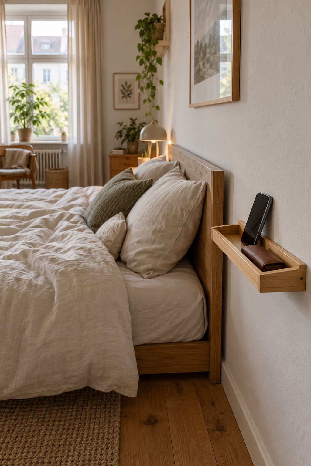 Montiere eine schmale Ablage neben dem Bett im langen schmalen Schlafzimmer