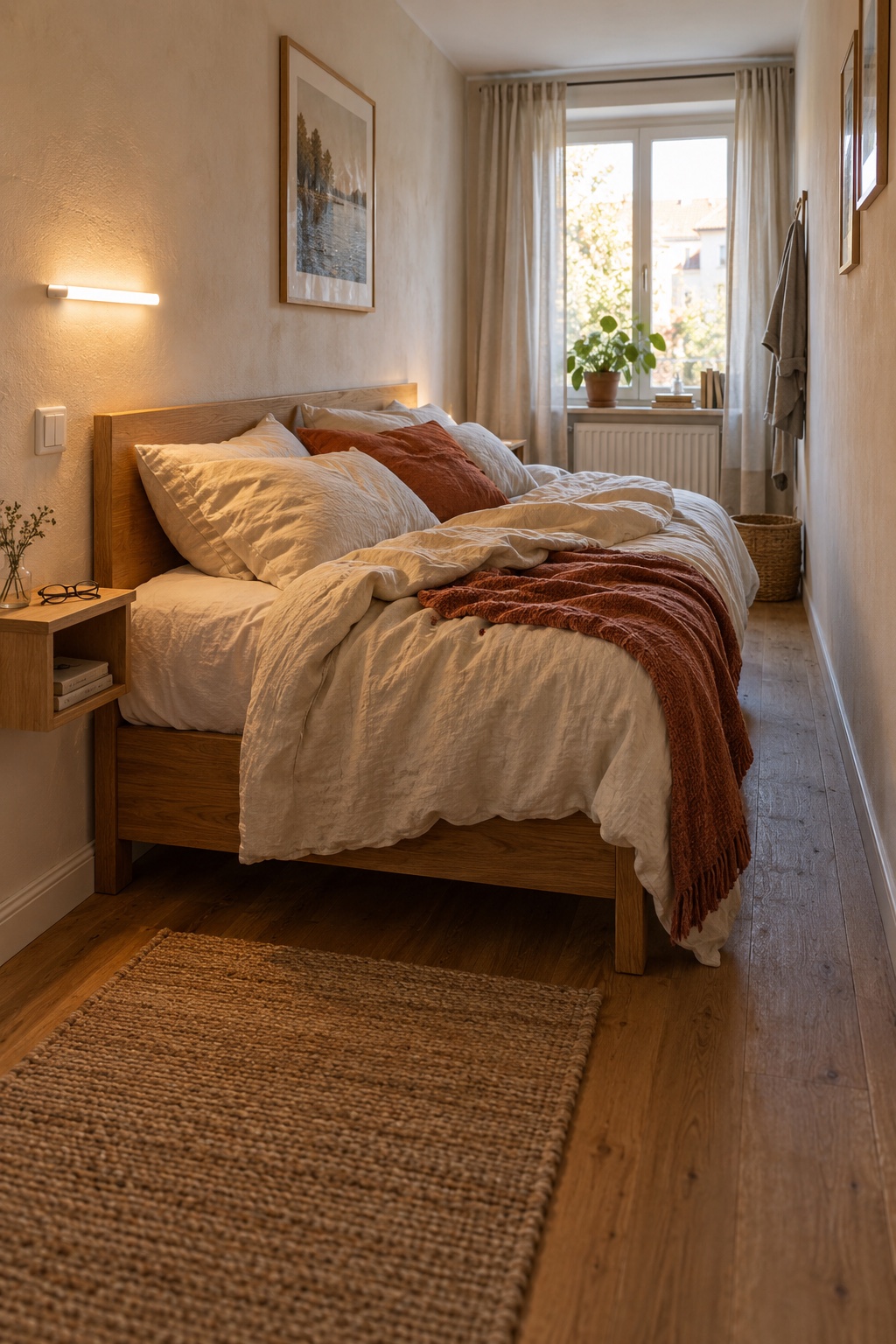 Befestige die Abendbeleuchtung an der Wand im langen schmalen Schlafzimmer