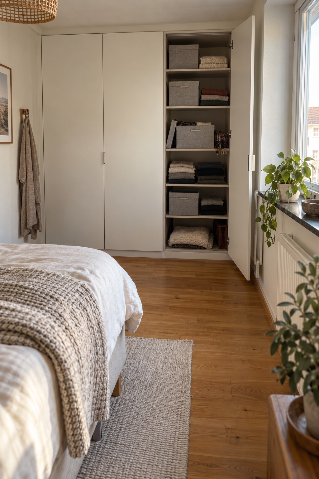 Bündle Kleidung im Schrank an der kurzen Wand im langen schmalen Schlafzimmer