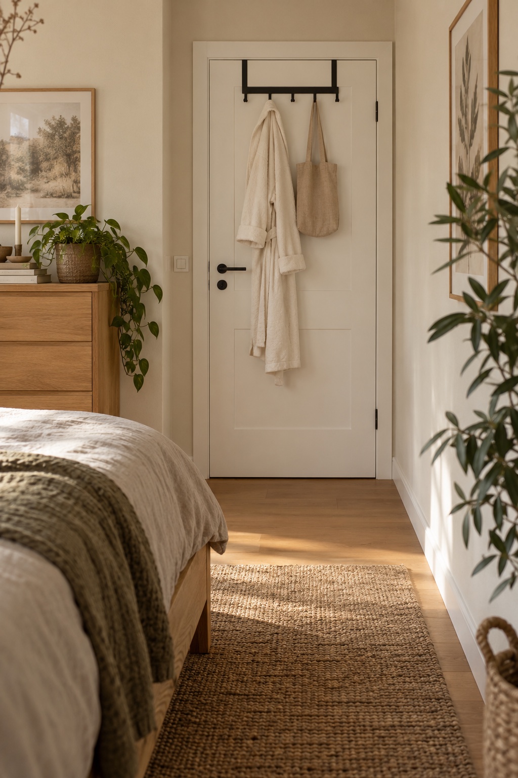 Hänge Morgenmantel und Tasche an die Tür im langen schmalen Schlafzimmer