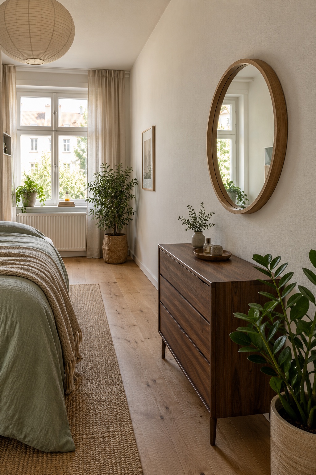 Setze einen Spiegel an eine freie Seitenwand im langen schmalen Schlafzimmer