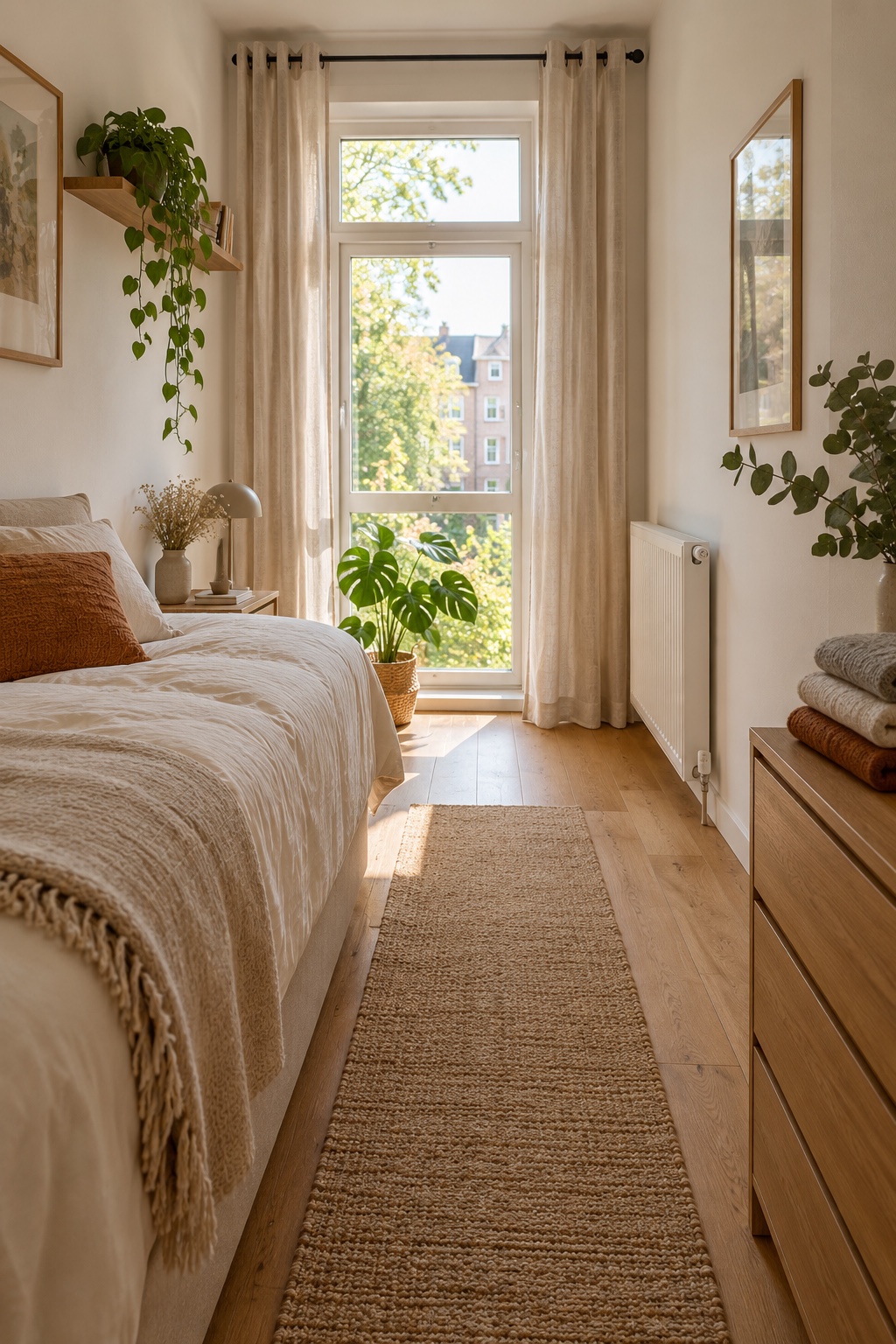 Ziehe helle Vorhänge neben das Fenster im langen schmalen Schlafzimmer