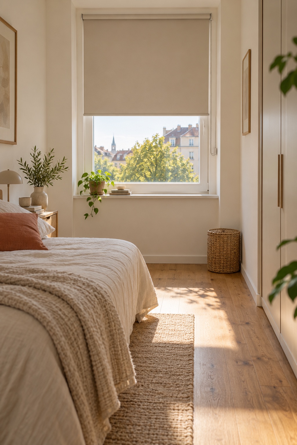 Verdunkle direkt am Fensterrahmen im langen schmalen Schlafzimmer