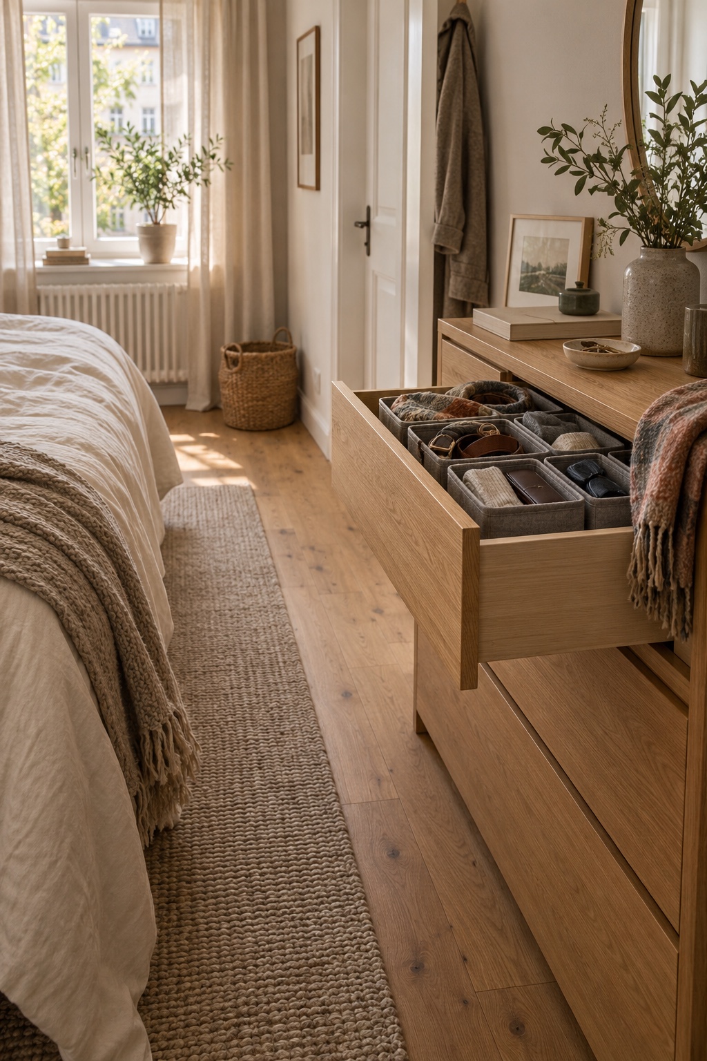 Ordne kleine Accessoires in geschlossenen Boxen im langen schmalen Schlafzimmer