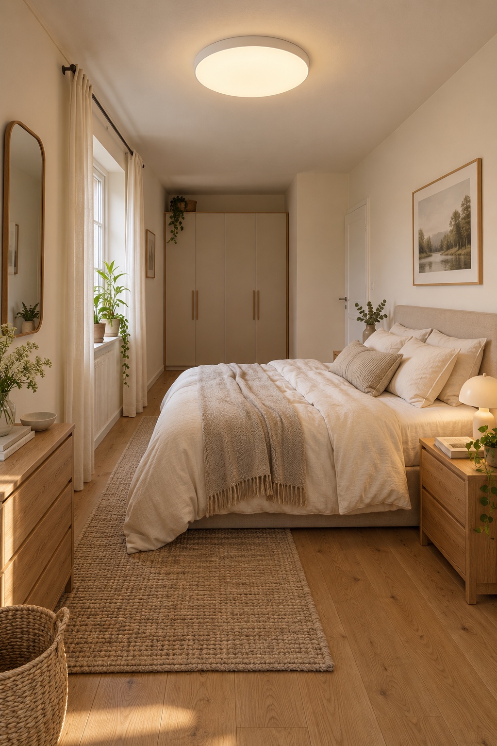 Beleuchte auch das Raumende mit einer flachen Deckenleuchte im langen schmalen Schlafzimmer