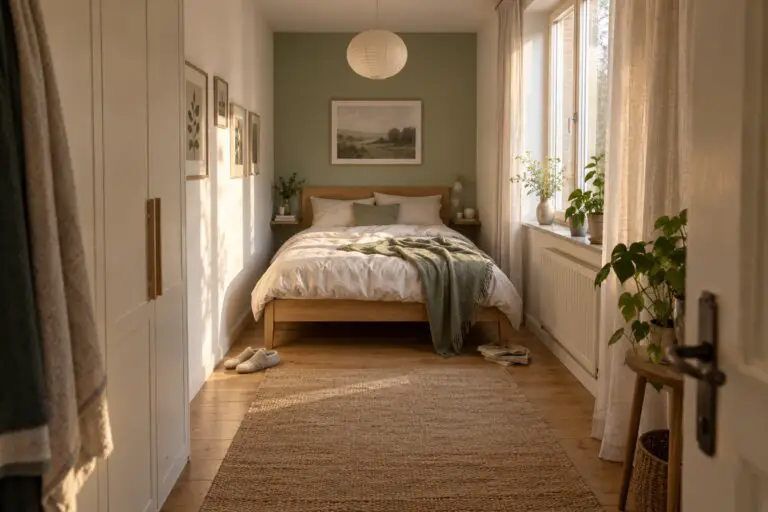 Langes schmales Schlafzimmer mit hellem Bett und freiem Weg zum Fenster