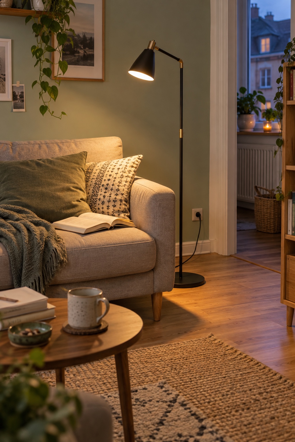 Schmale schwarze Stehleuchte richtet warmes Licht auf ein aufgeschlagenes Buch am Sofa