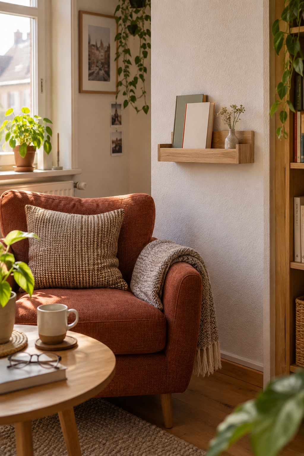 Kurze Eichen-Bücherleiste an der Wand neben einem kleinen Leseplatz