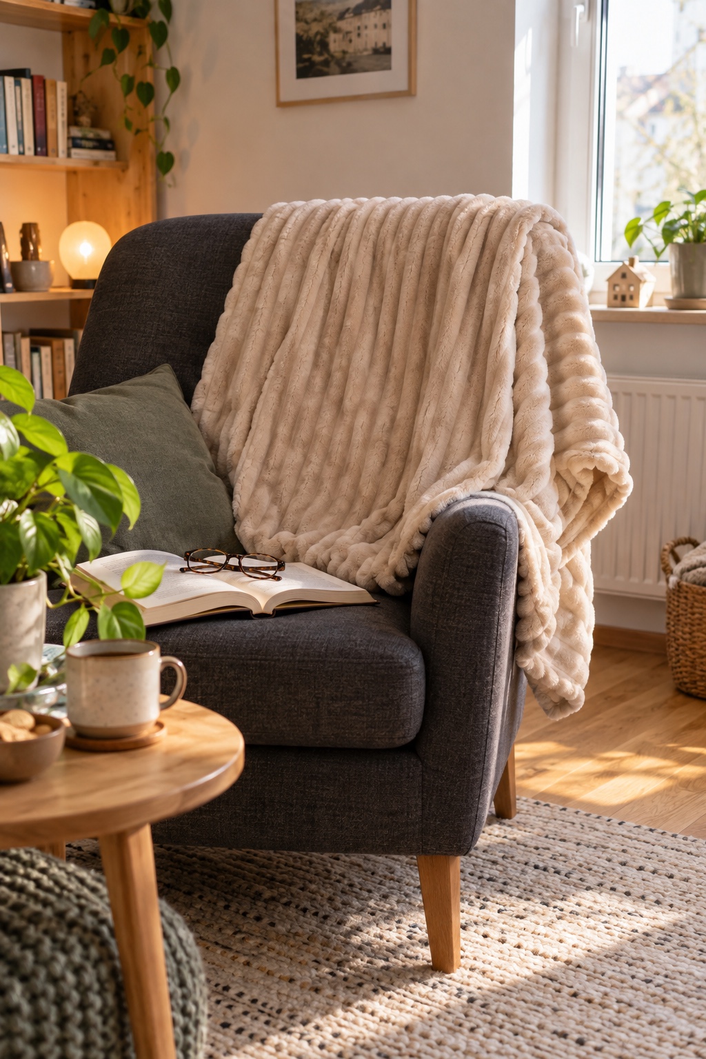 Beige gerippte Kuscheldecke griffbereit über der Lehne eines kleinen Lesesessels