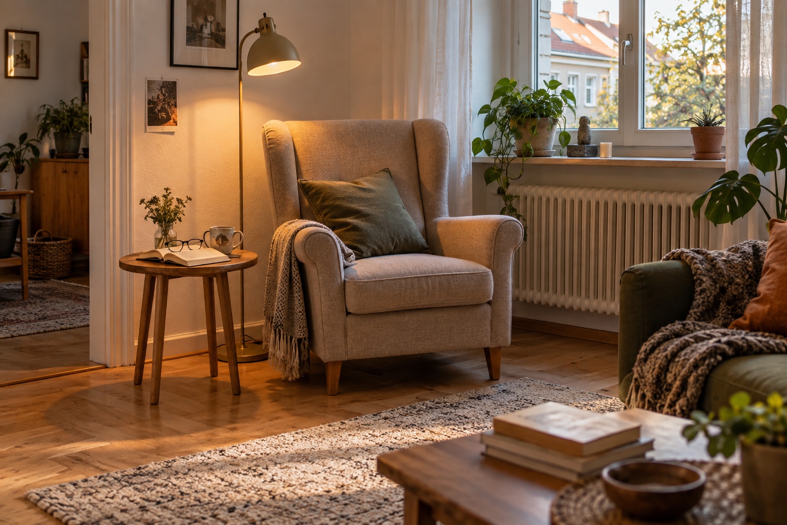 Gemütlicher Leseplatz am Fenster in einer kleinen bewohnten Wohnung mit Sessel, Leselampe und aktuellem Buch