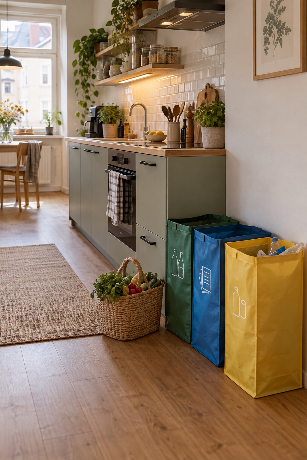 Drei klar getrennte Recycling-Taschen neben einer kleinen Küchenzeile, Alltagsspuren und Einkaufskorb