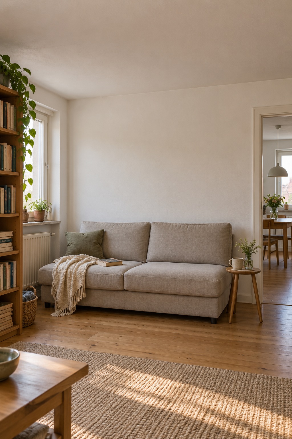 Niedriges armloses Sofa unter einer freien hellen Wand in einer Wohnung mit niedriger Decke