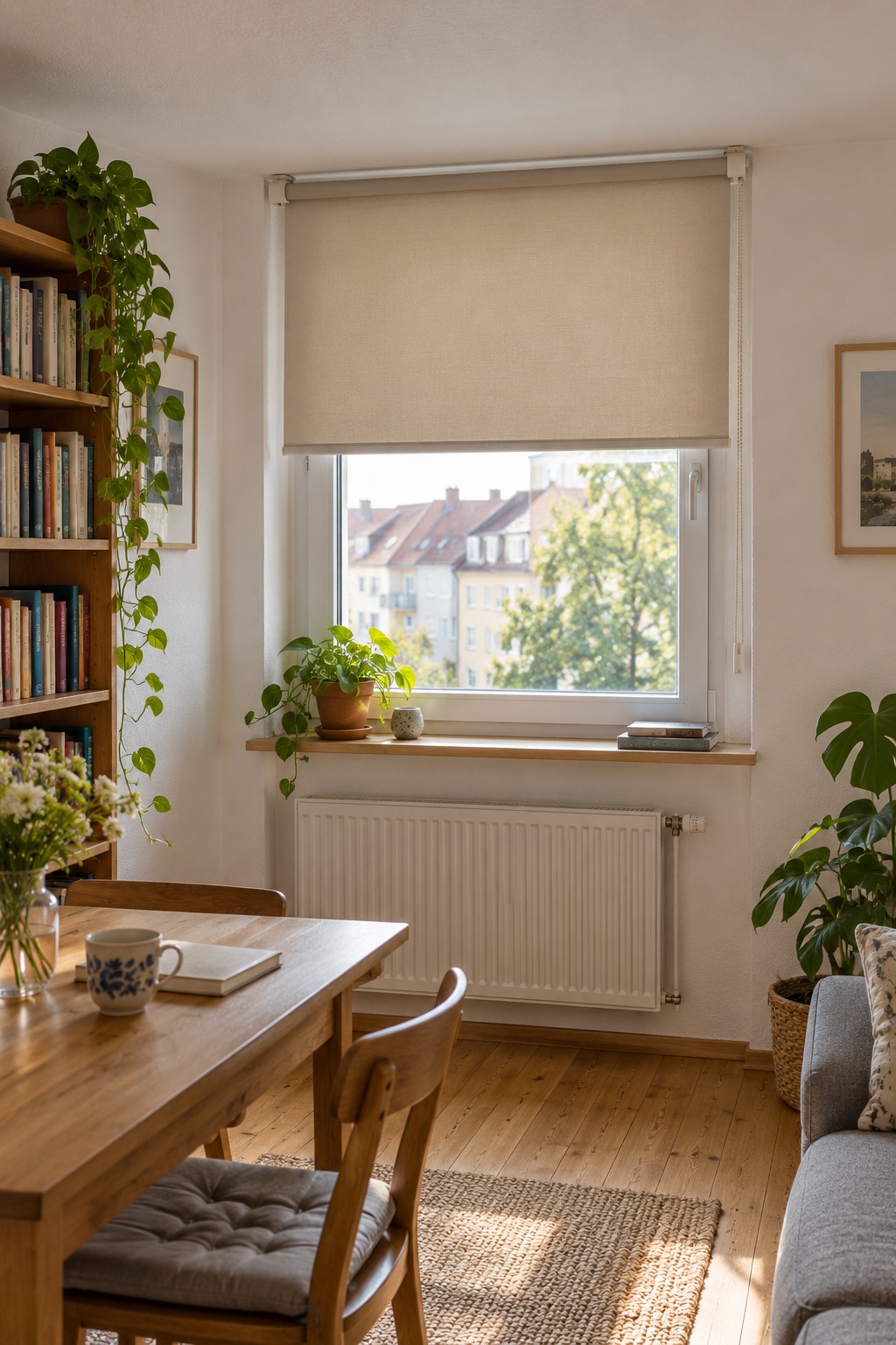 Schmales beiges Rollo direkt am Fensterrahmen unter einer niedrigen Decke