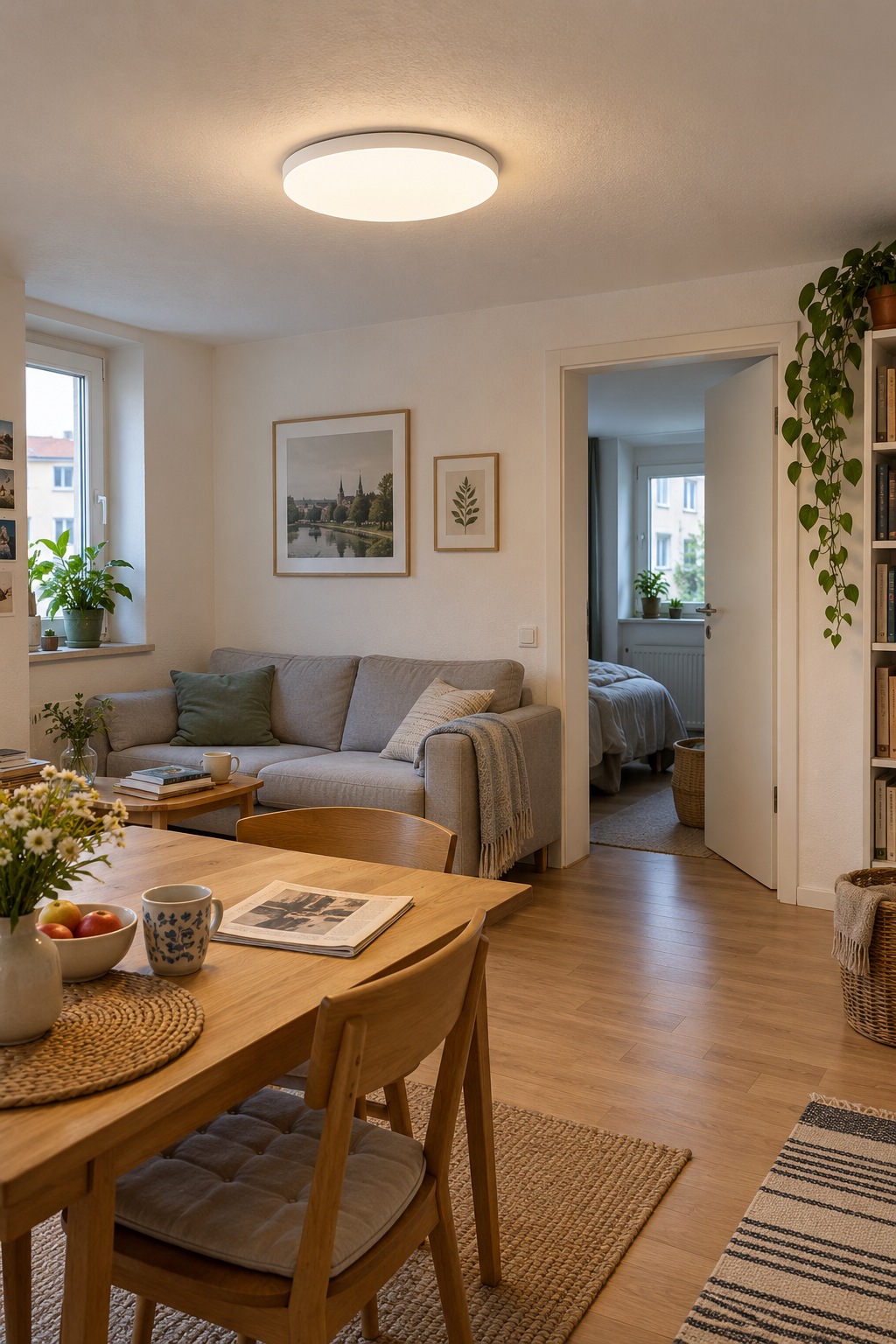 Flache runde weiße Deckenleuchte in einer kleinen Wohnung mit niedriger Decke