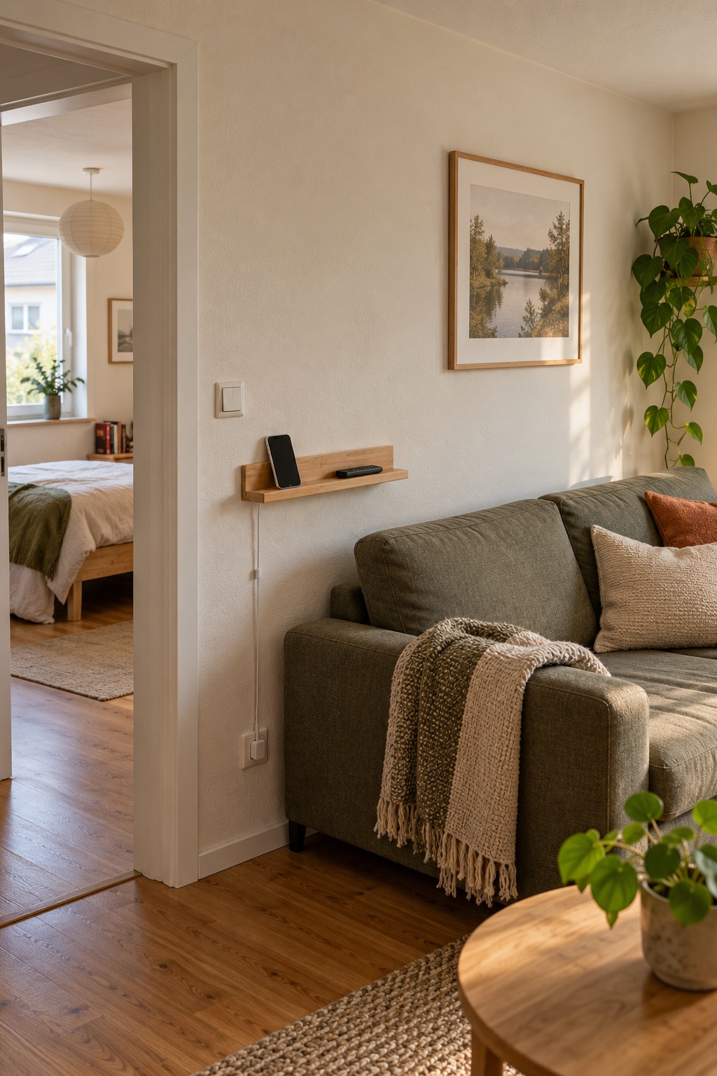 Sehr schmale Bambus-Wandablage mit Handy und Fernbedienung neben niedrigem Sofa
