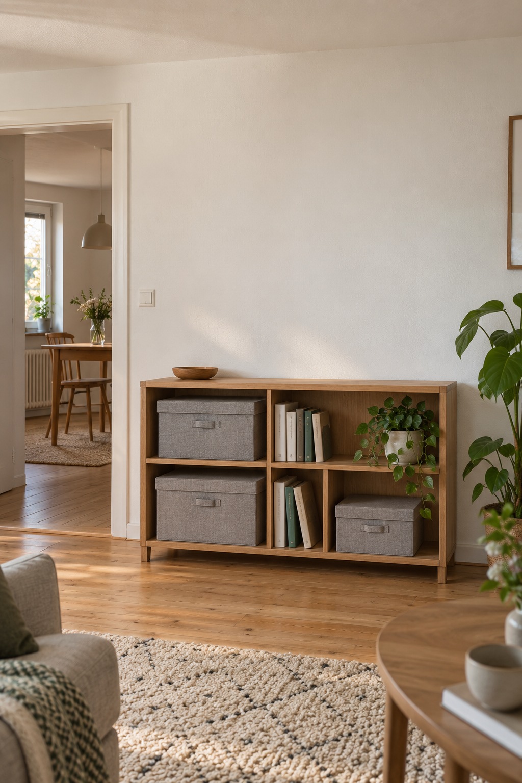 Graue Stoffboxen mit Deckeln in einem niedrigen Wohnzimmerregal