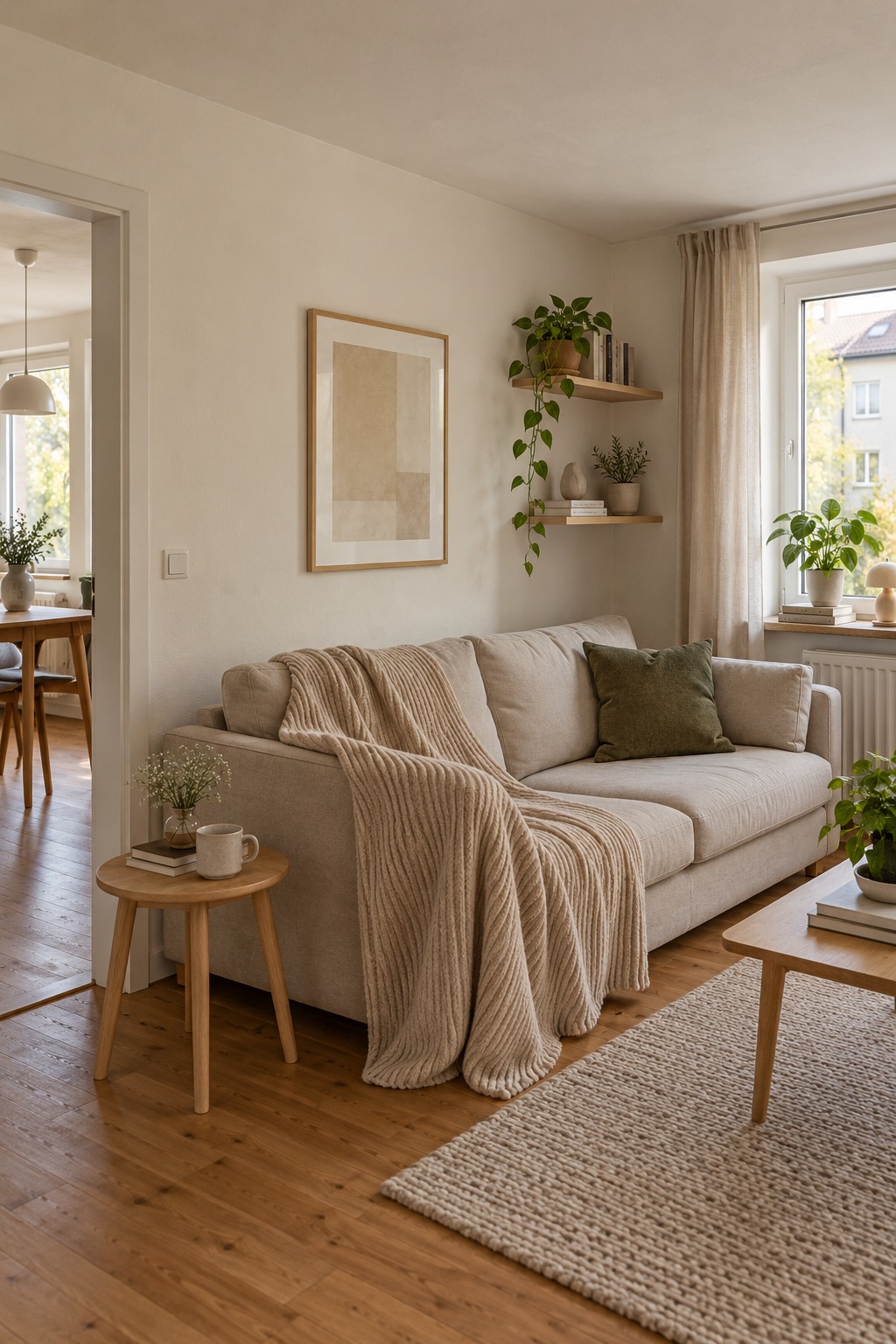 Beige gerippte Wohndecke auf einem hellen niedrigen Sofa vor cremefarbener Wand