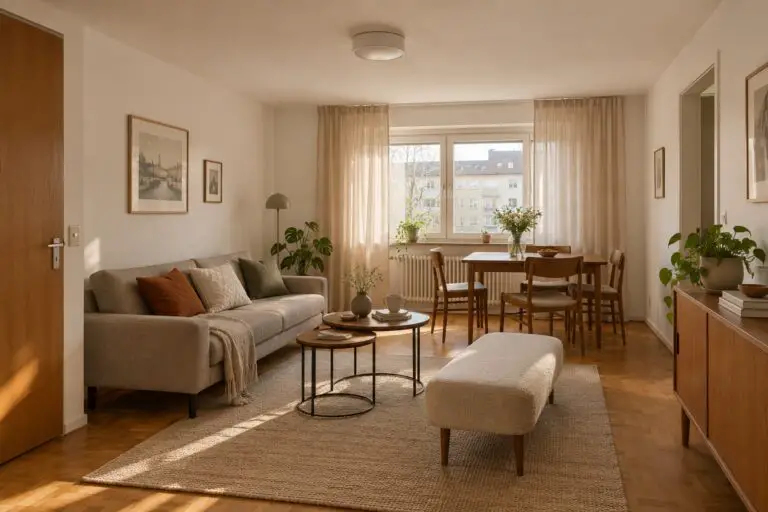 Kleine Wohnung mit niedriger Decke und niedrigen hellen Möbeln
