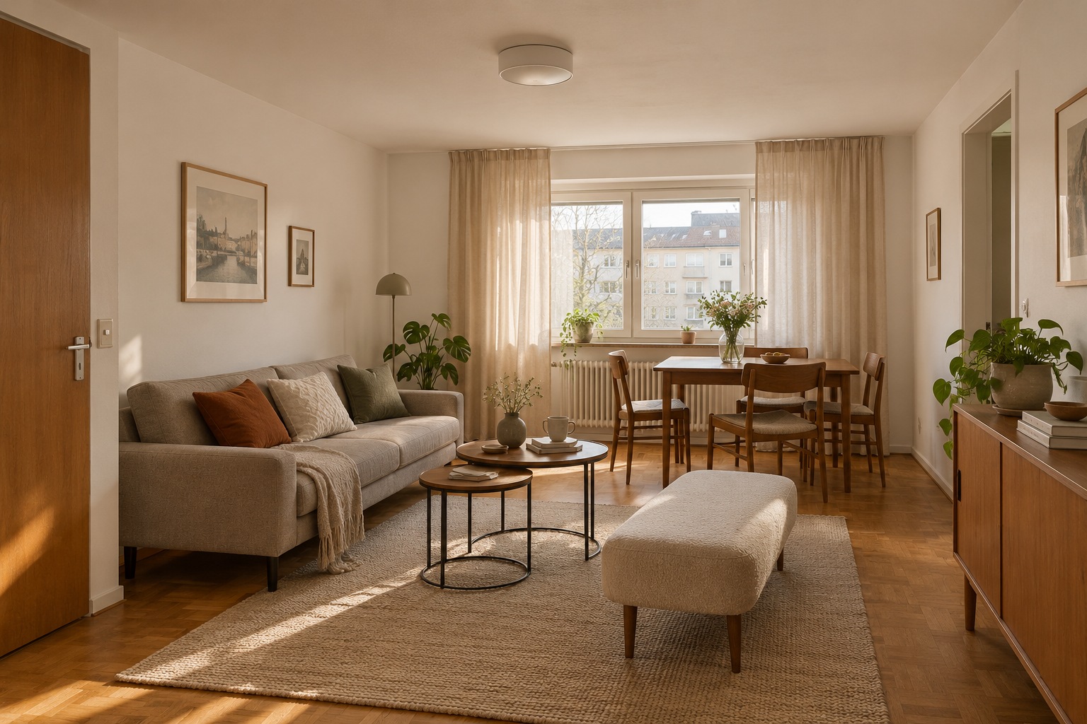 Kleine Wohnung mit niedriger Decke und niedrigen hellen Möbeln