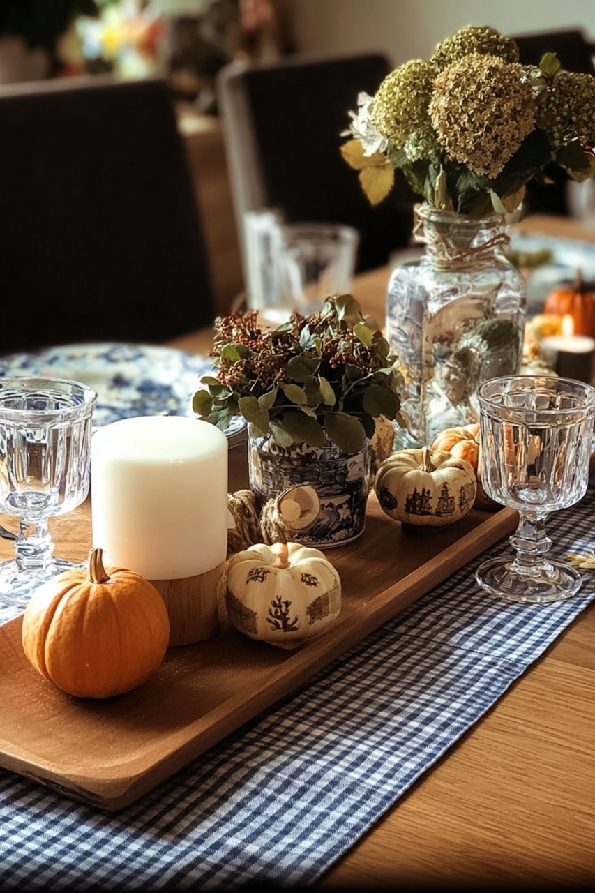 Nutze ein Tablett für eine kompakte Herbsttischdekoration