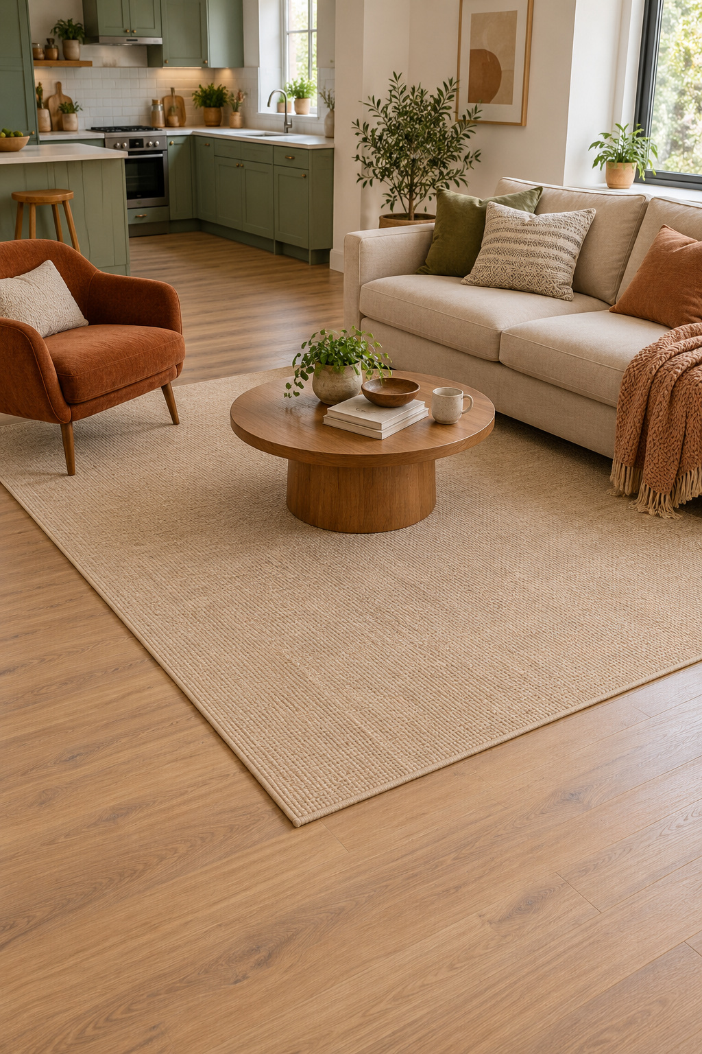 Beiger Teppich bündelt Sofa und Sessel vor einer offenen Küche