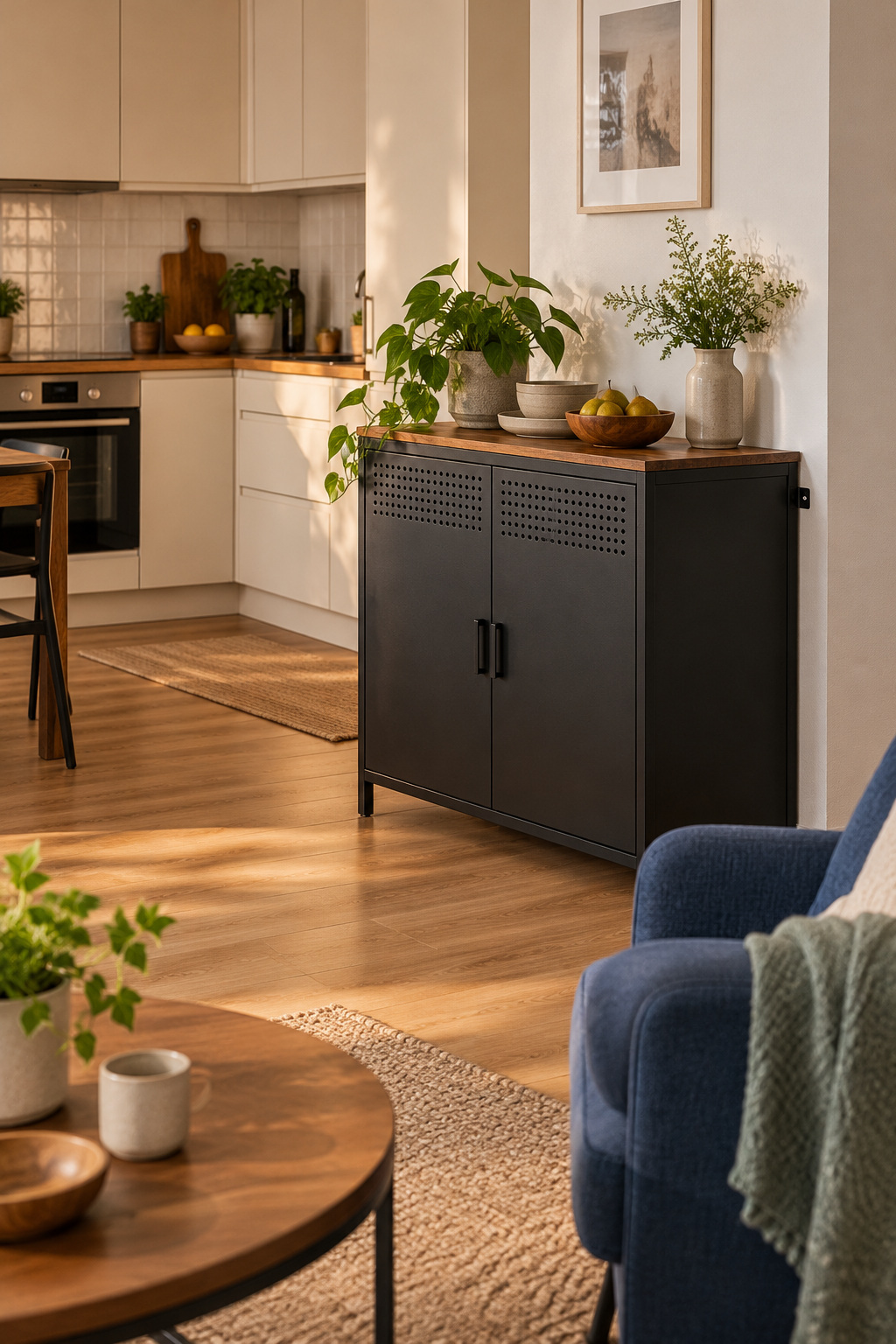 Niedriges schwarzes Sideboard verbindet Küchenrand und Wohnbereich