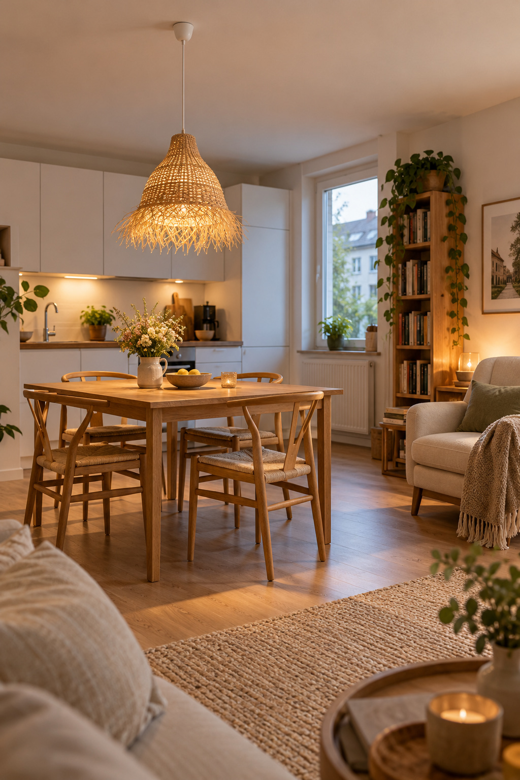 Naturfarbene Pendelleuchte markiert den Essplatz zwischen Küche und Wohnzimmer