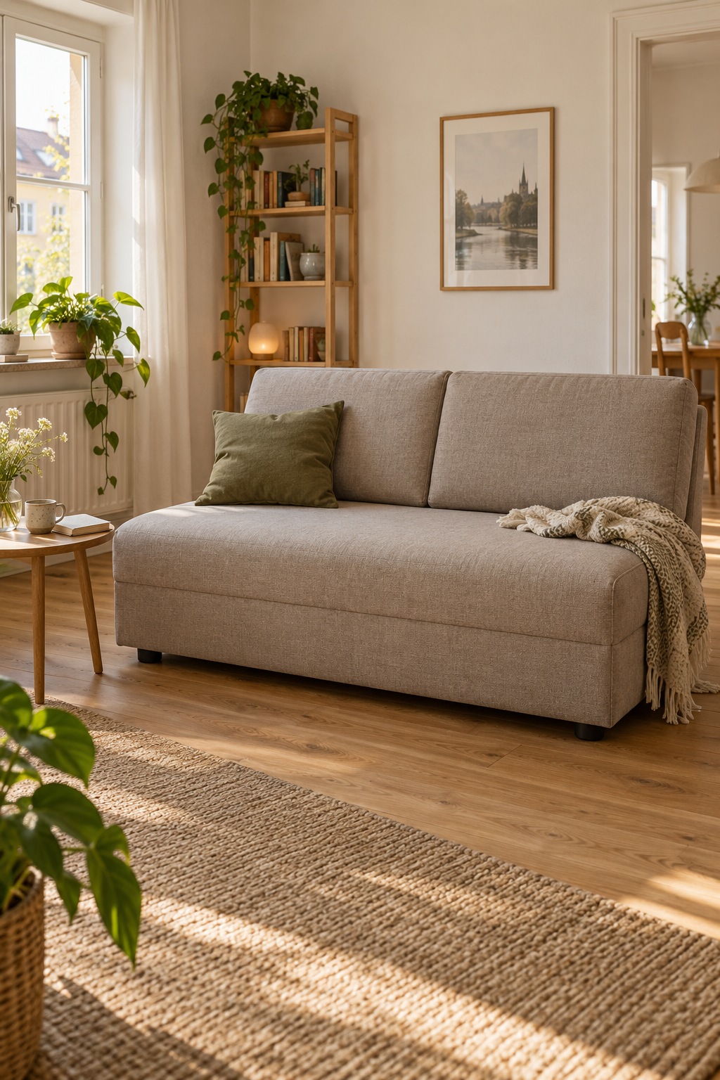 Armloses greigefarbenes Schlafsofa im kleinen Wohnzimmer