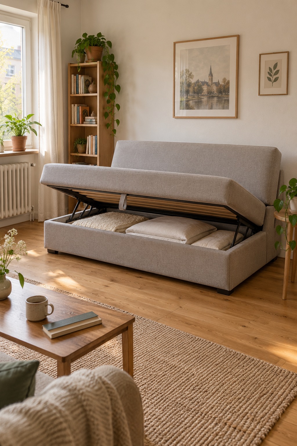 Geöffneter Bettkasten eines greigen Schlafsofas mit trockener gefalteter Bettwäsche