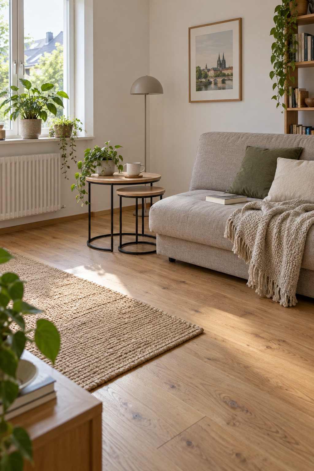 Zwei runde Satztische mit Holzplatten neben einem Schlafsofa