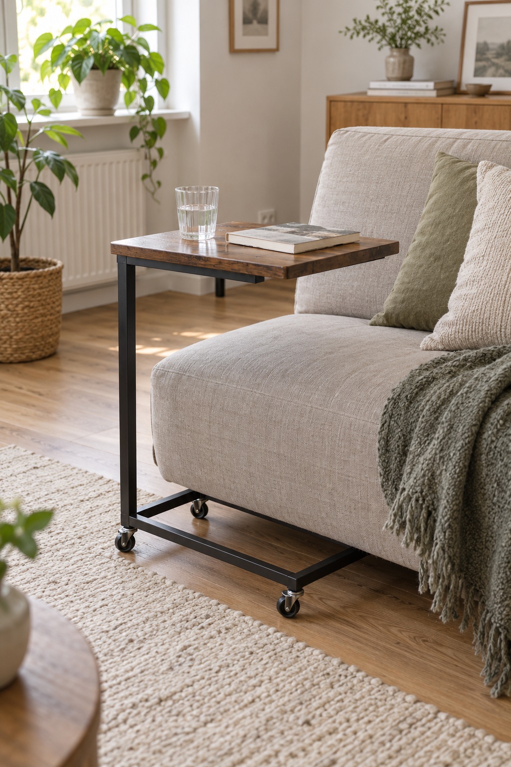 Schwarzer C-Tisch mit Holzplatte seitlich am greigen Schlafsofa