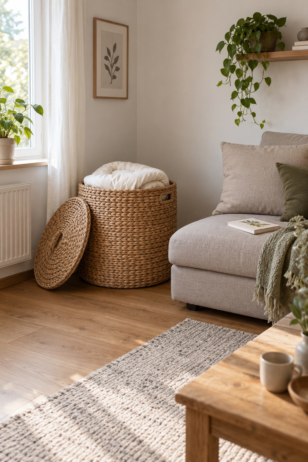Großer runder Naturkorb mit Deckel und locker gefalteter Decke neben dem Sofa