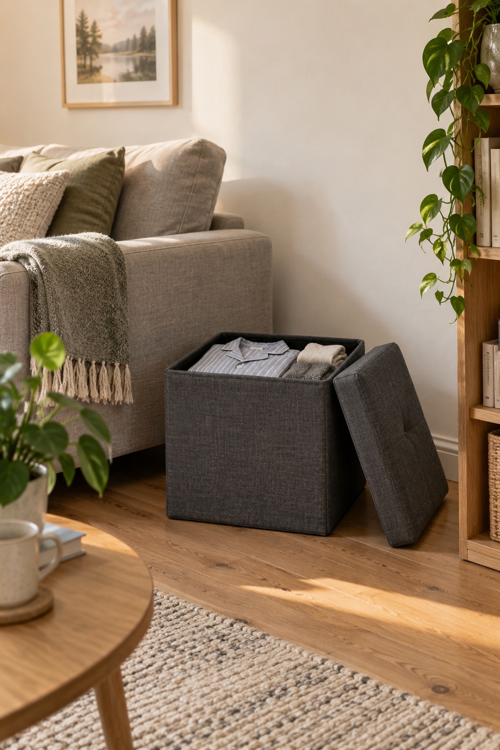 Dunkelgrauer gepolsterter Stauraumhocker neben dem Schlafsofa