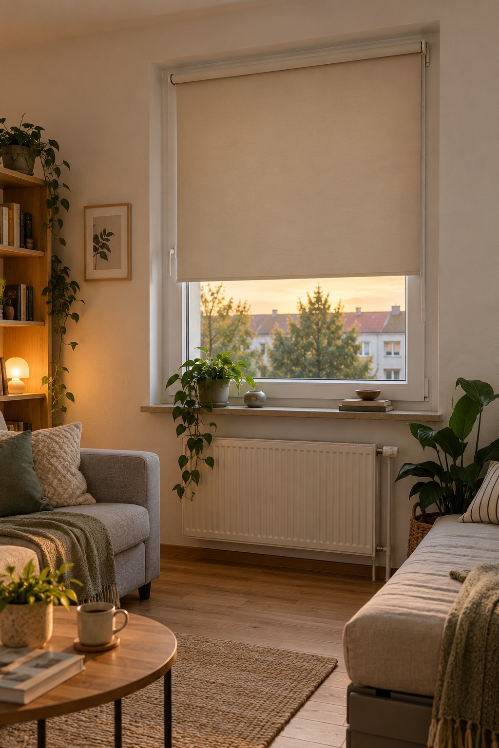 Beiges Verdunkelungsrollo am Fenster eines kleinen Wohn- und Schlafzimmers