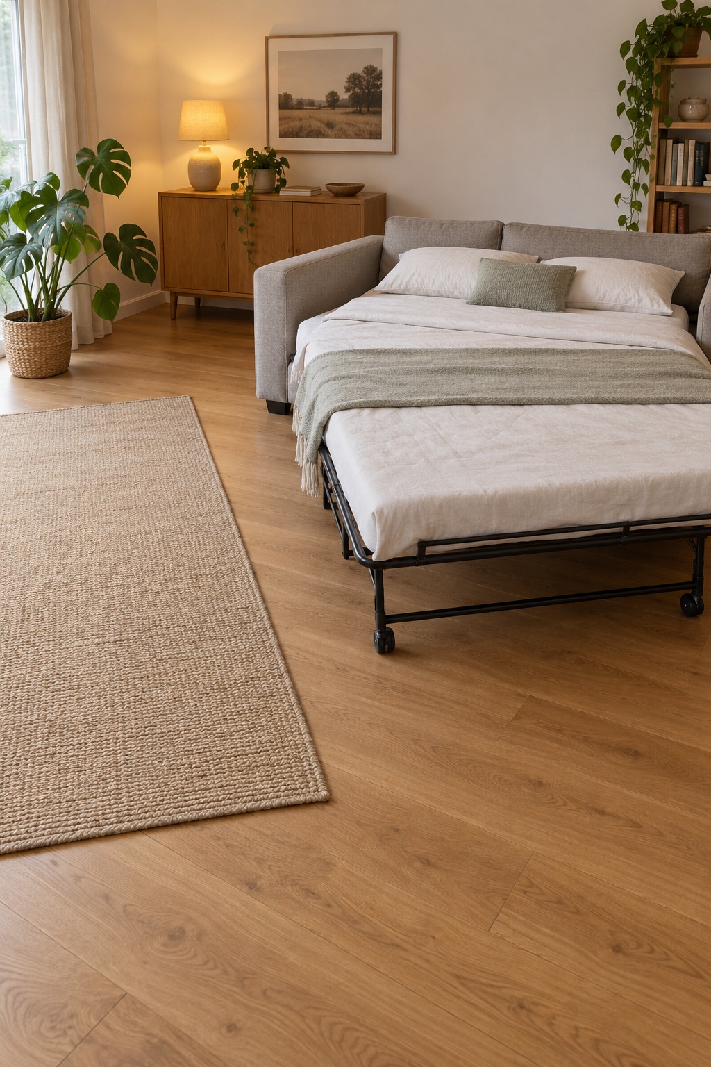 Flacher beiger Teppich vor einem Schlafsofa mit freiem Auszugsbereich